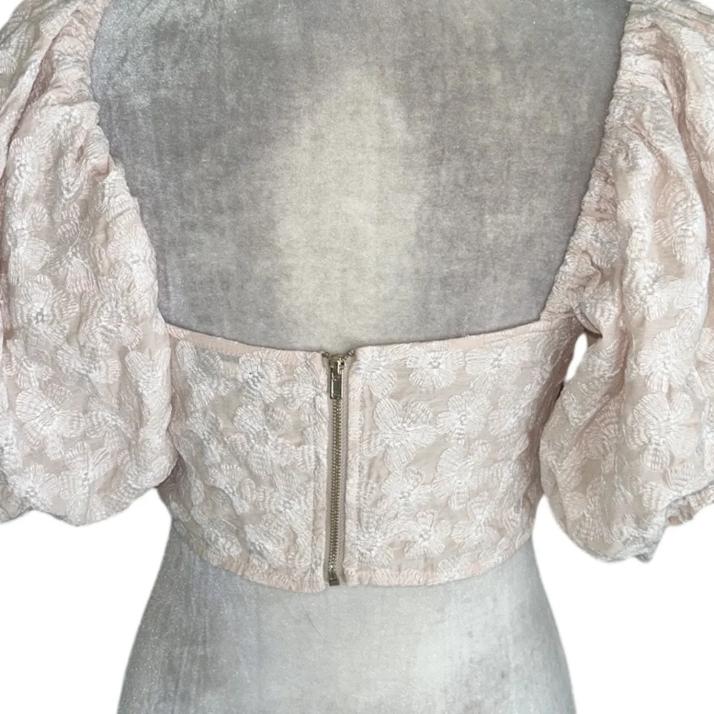 Anthropologie Miou Muse Blush Pink Embroidered Puff Sleeve Ruched Crop Top - M